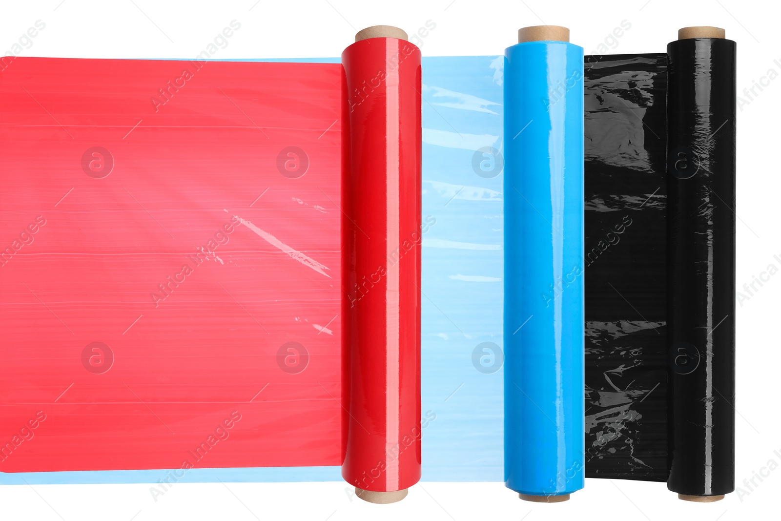 Image of Rolls of colorful plastic stretch wrap on white background