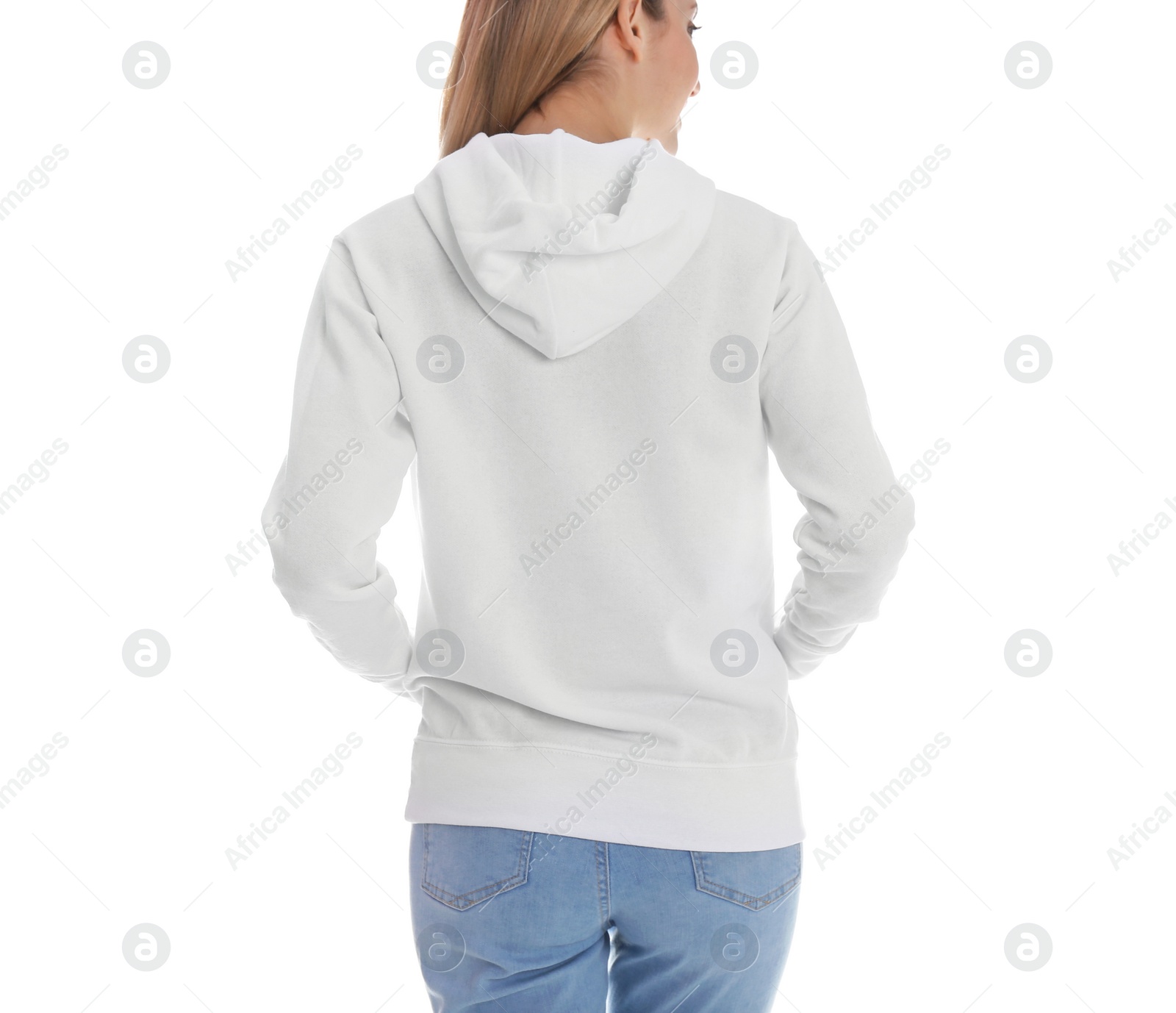 Photo of Woman in hoodie sweater on white background. Space for design