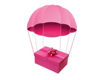 Image of Pink gift box with parachute flying on white background