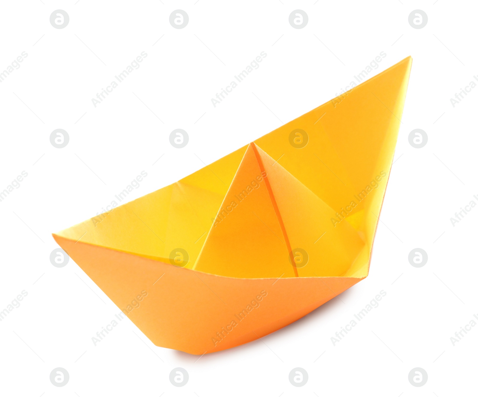 Photo of Handmade orange paper boat isolated on white. Origami art