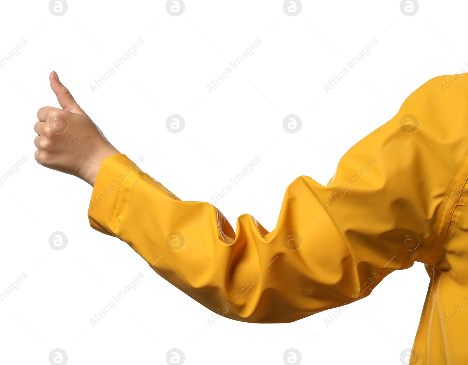 Photo of Woman showing hitchhiking gesture on white background, closeup