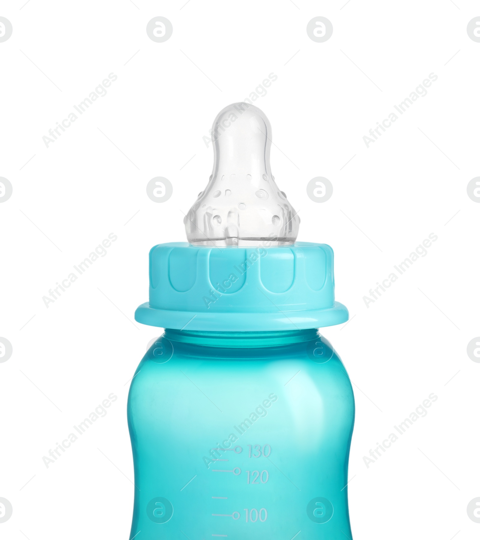 Photo of Empty turquoise feeding bottle for baby milk isolated on white