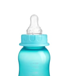 Empty turquoise feeding bottle for baby milk isolated on white