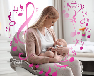 Image of Flying music notes and young mother with her little baby sitting in armchair at home. Lullaby songs