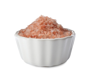 Pink himalayan salt in bowl isolated on white