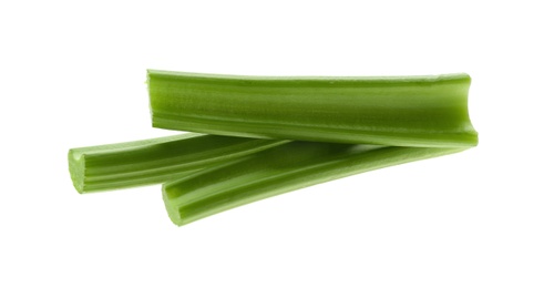 Photo of Fresh green celery sticks isolated on white