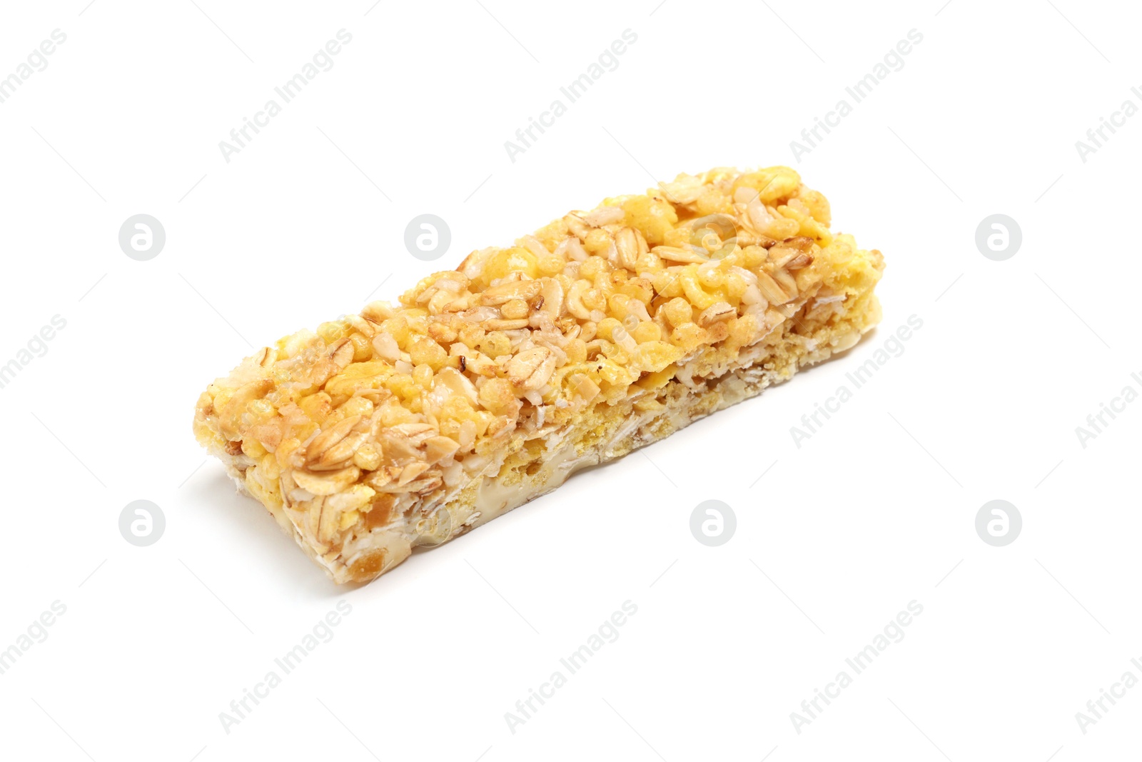 Photo of One tasty granola bar isolated on white