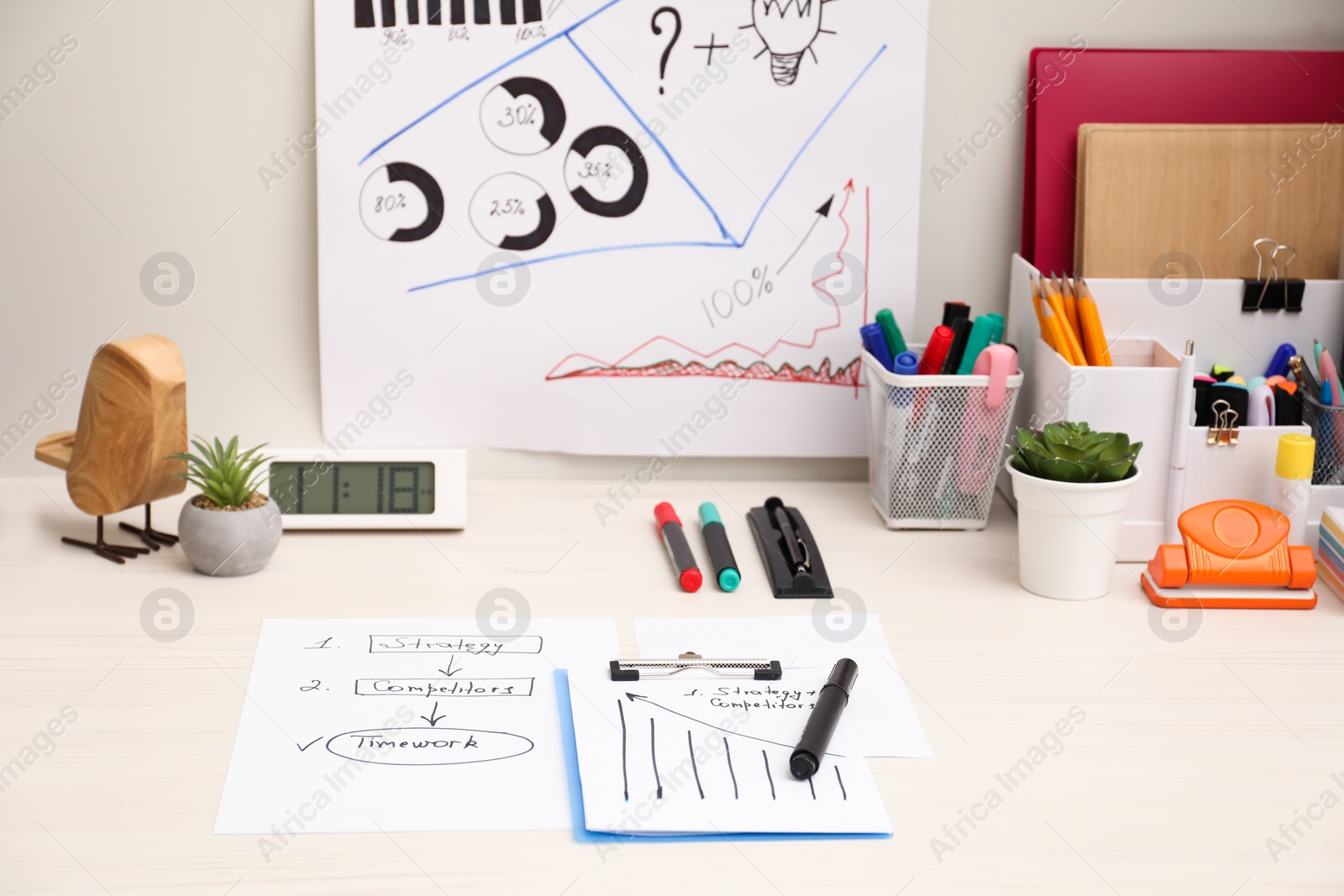 Photo of Business process planning and optimization. Workplace with plan, notebook and stationery on white wooden table