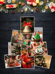 Image of Photos of Christmas holidays on black wooden background with gift boxes and decor, flat lay