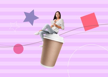 Image of Coffee to go. Woman sitting on takeaway paper cup on violet striped background, stylish artwork