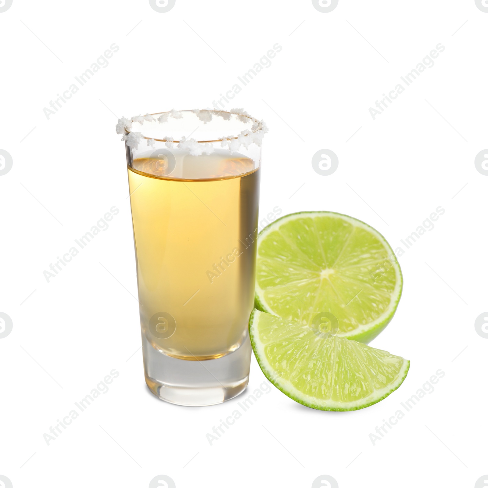 Photo of Mexican Tequila shot with salt and lime isolated on white