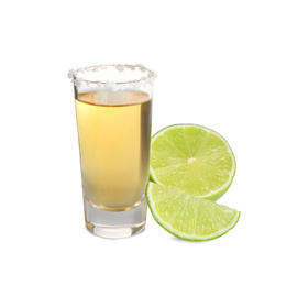 Photo of Mexican Tequila shot with salt and lime isolated on white