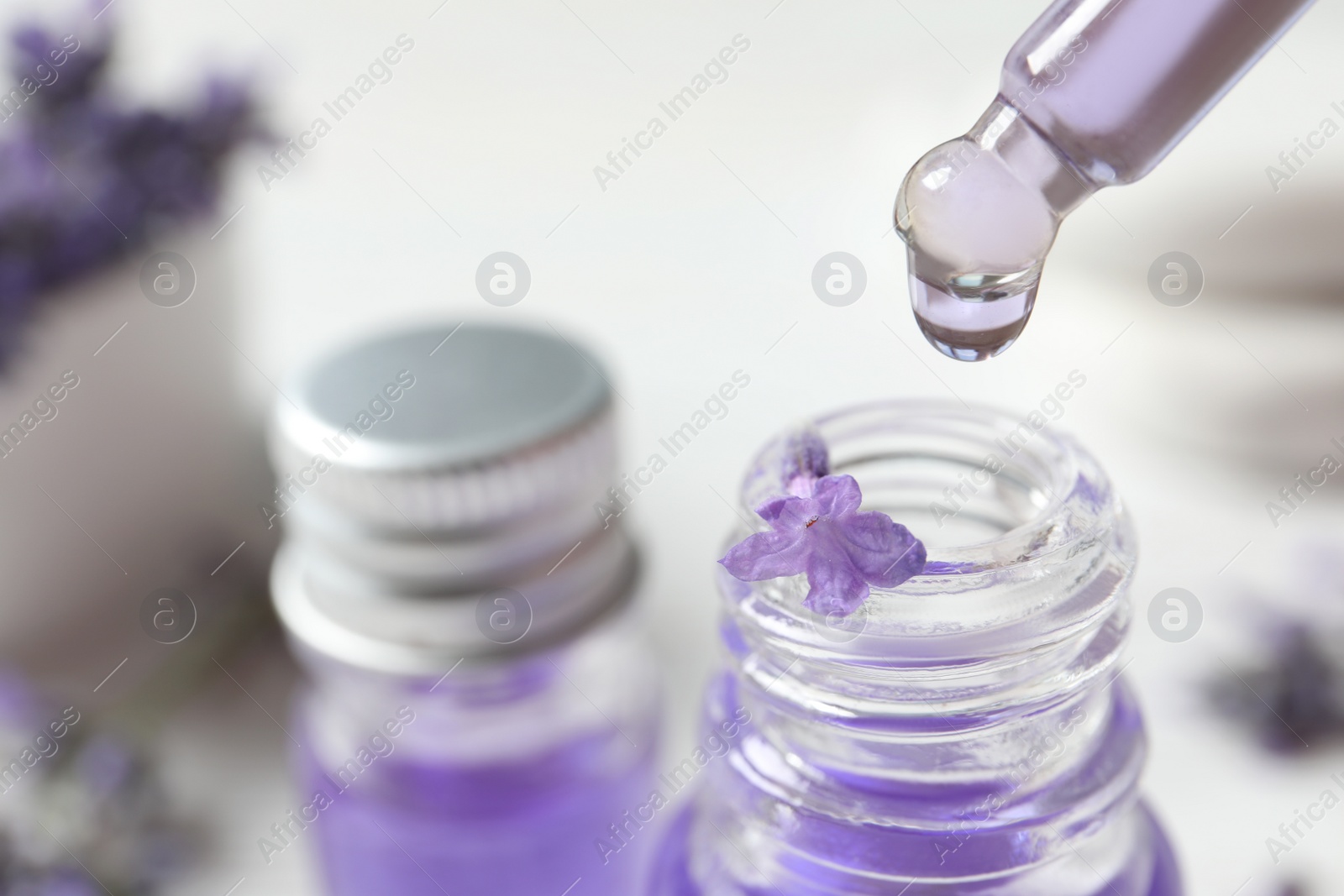 Photo of Dripping natural cosmetic oil into glass bottle with lavender flower on blurred background, closeup. Space for text