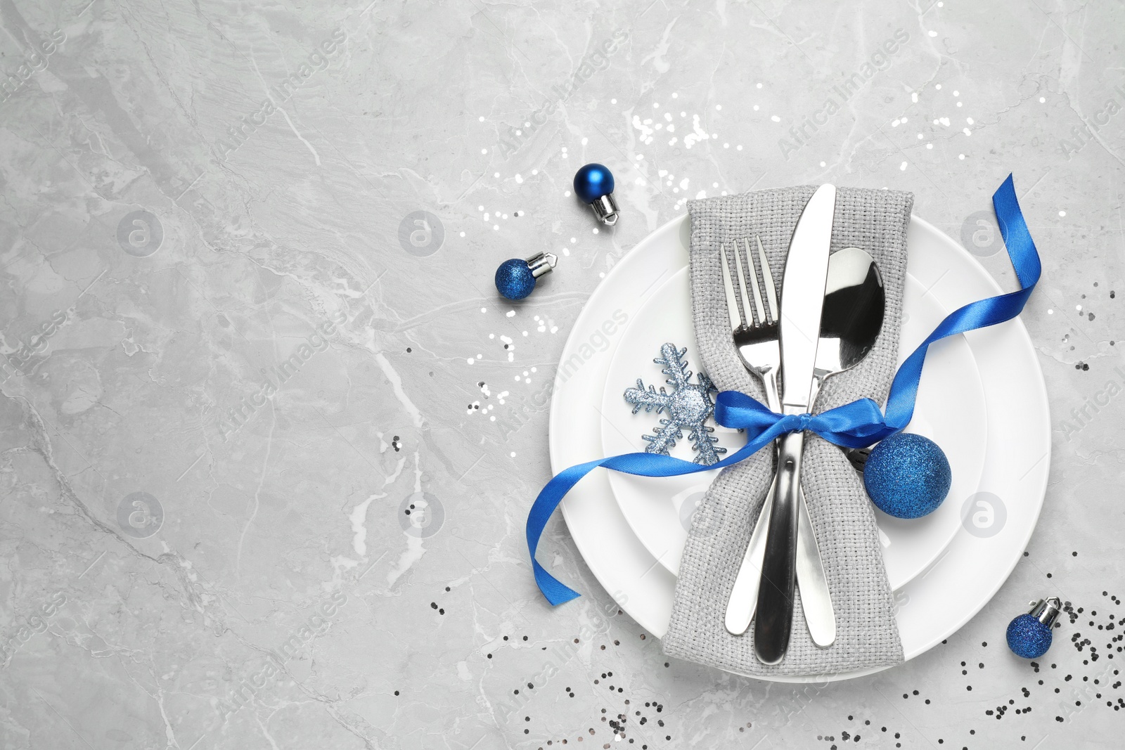 Photo of Beautiful Christmas table setting on grey background, flat lay. Space for text