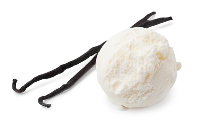 Photo of Ball of delicious ice cream and vanilla pods isolated on white