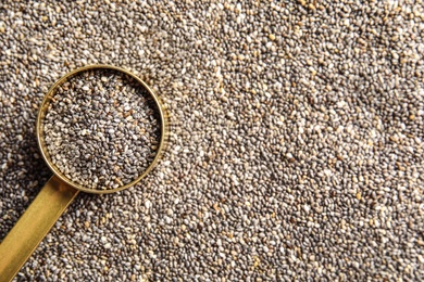 Photo of Saucepan of chia seeds on grains, top view with space for text