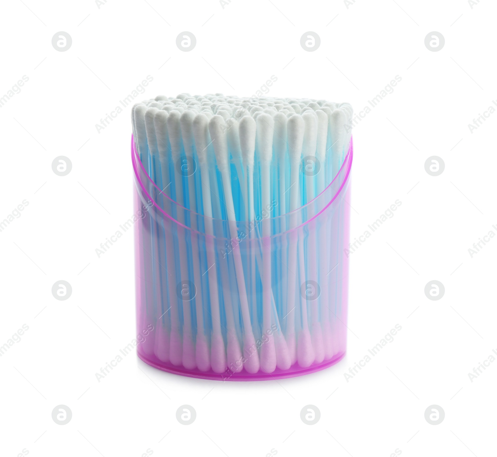 Photo of Plastic container with cotton swabs on white background