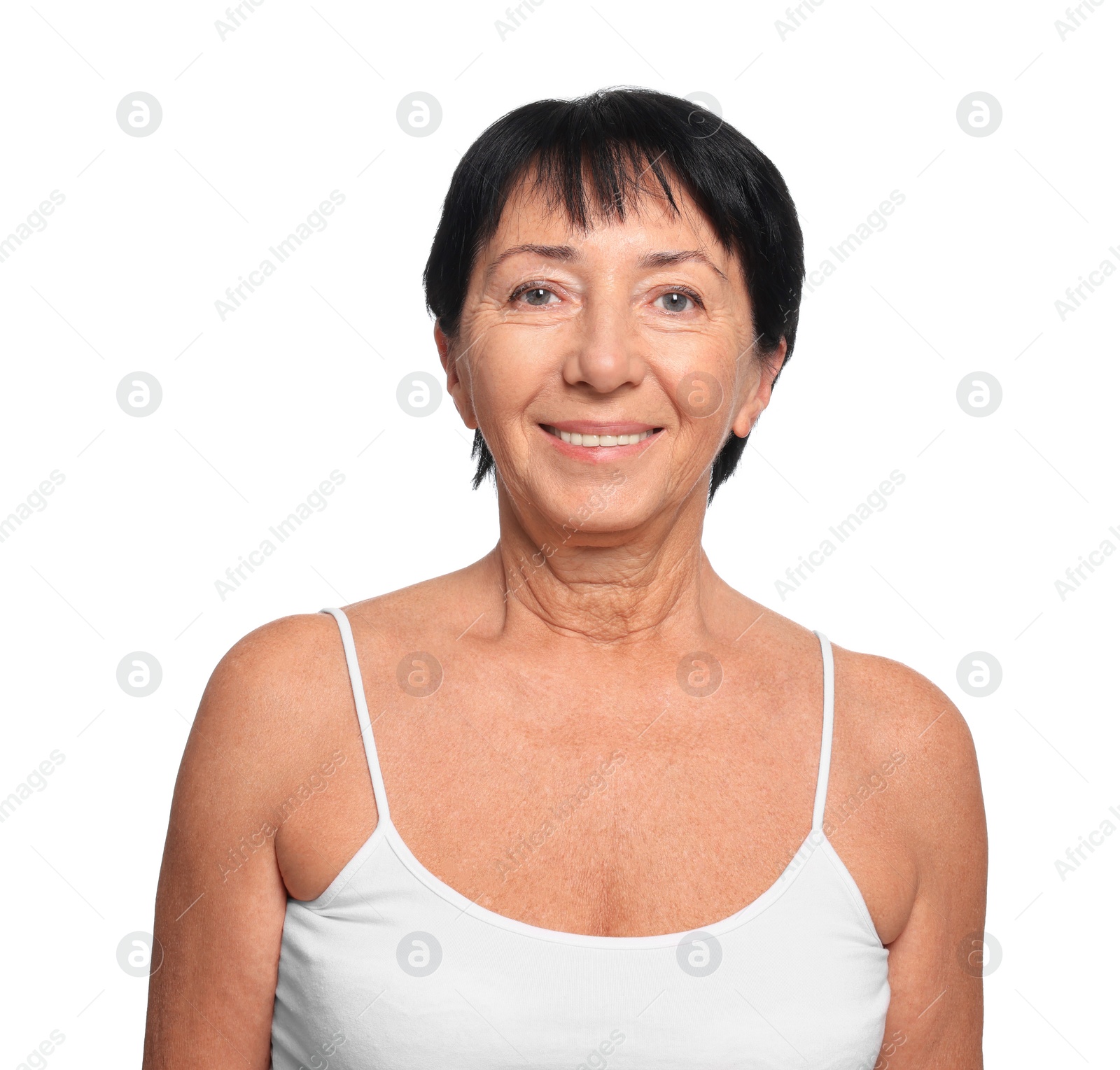 Photo of Portrait of smiling senior woman on white background