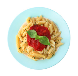 Photo of Tasty pasta with tomato sauce and basil isolated on white, top view