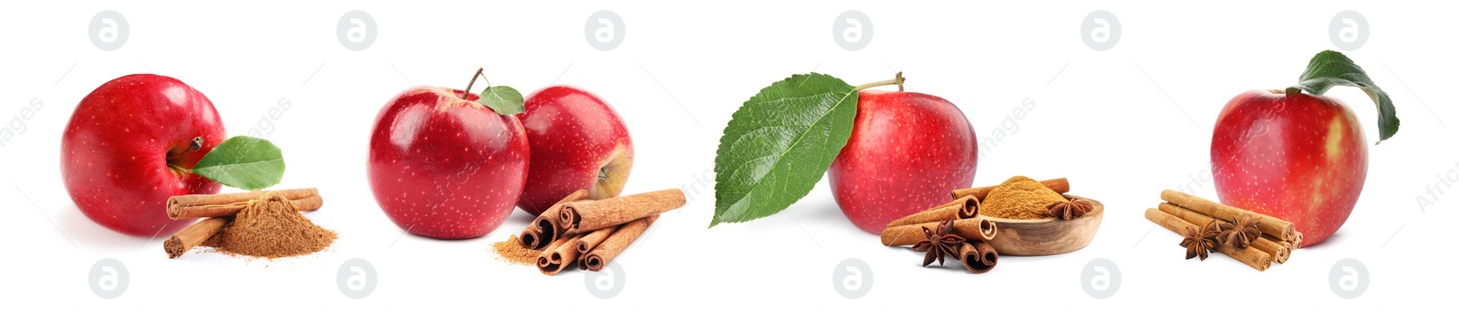 Image of Aromatic cinnamon sticks, powder and red apples isolated on white, set