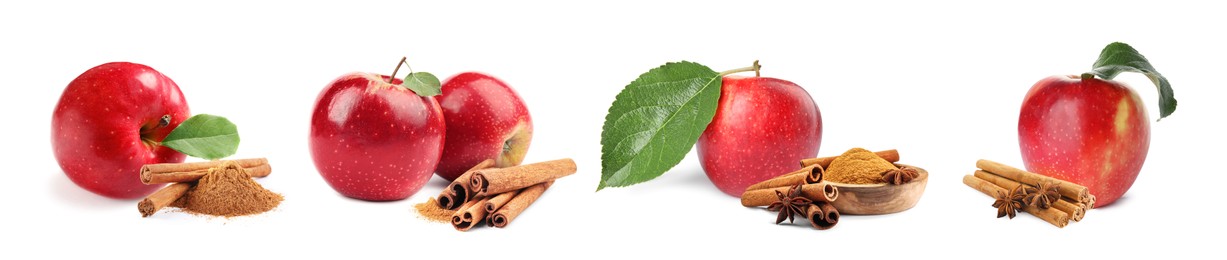 Aromatic cinnamon sticks, powder and red apples isolated on white, set