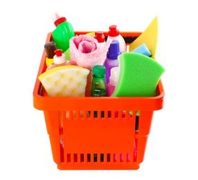 Photo of Shopping basket full of detergents on white background