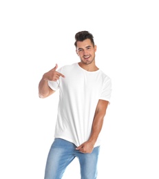 Young man in t-shirt on white background. Mockup for design