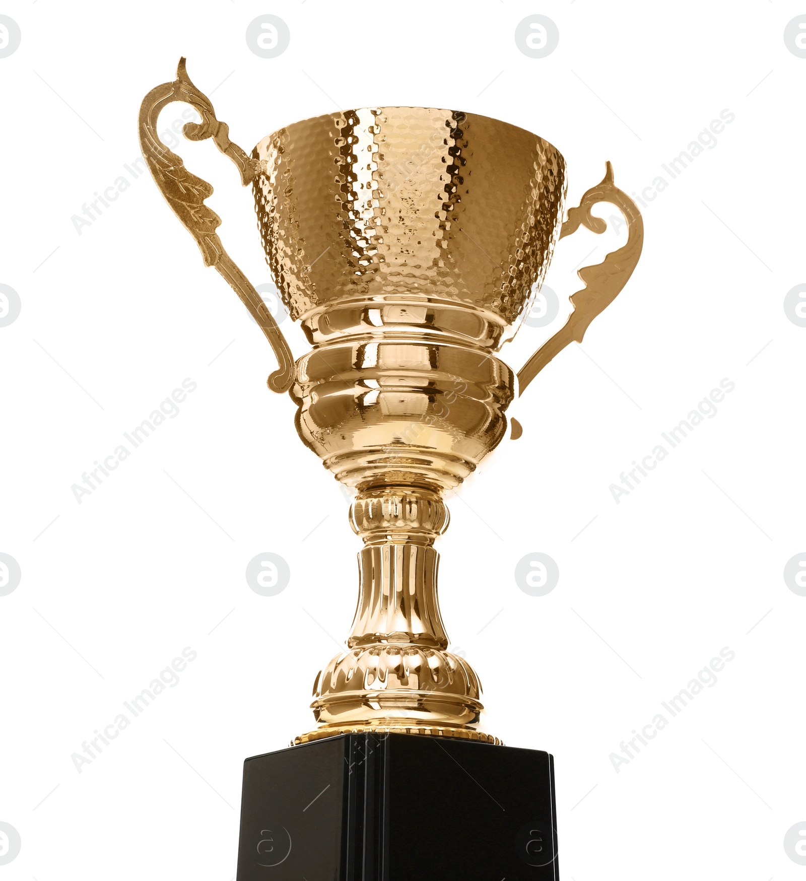 Photo of Shiny gold cup on white background. Winner's trophy