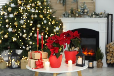 Potted poinsettias, burning candles and festive decor on white table in room. Christmas traditional flower