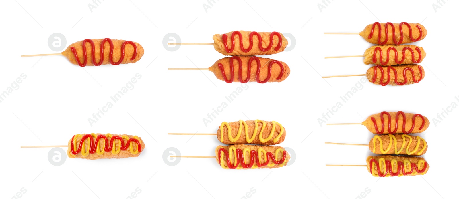 Image of Set with delicious deep fried corn dogs on white background, top view. Banner design 