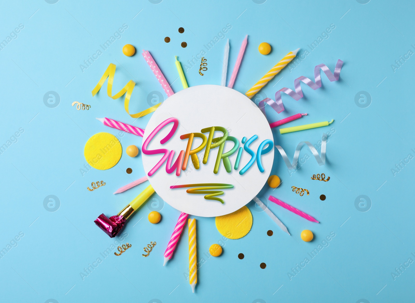 Image of Flat lay composition with different items for surprise party on light blue background