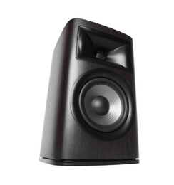 Photo of One wooden sound speaker on white background