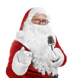 Photo of Santa Claus with microphone on white background. Christmas music