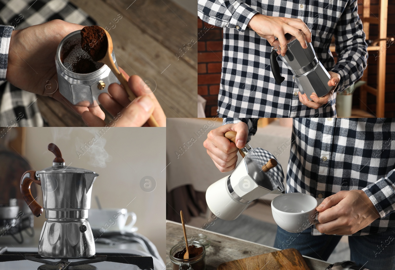 Image of Making coffee with moka pot step-by-step. Collage with photos