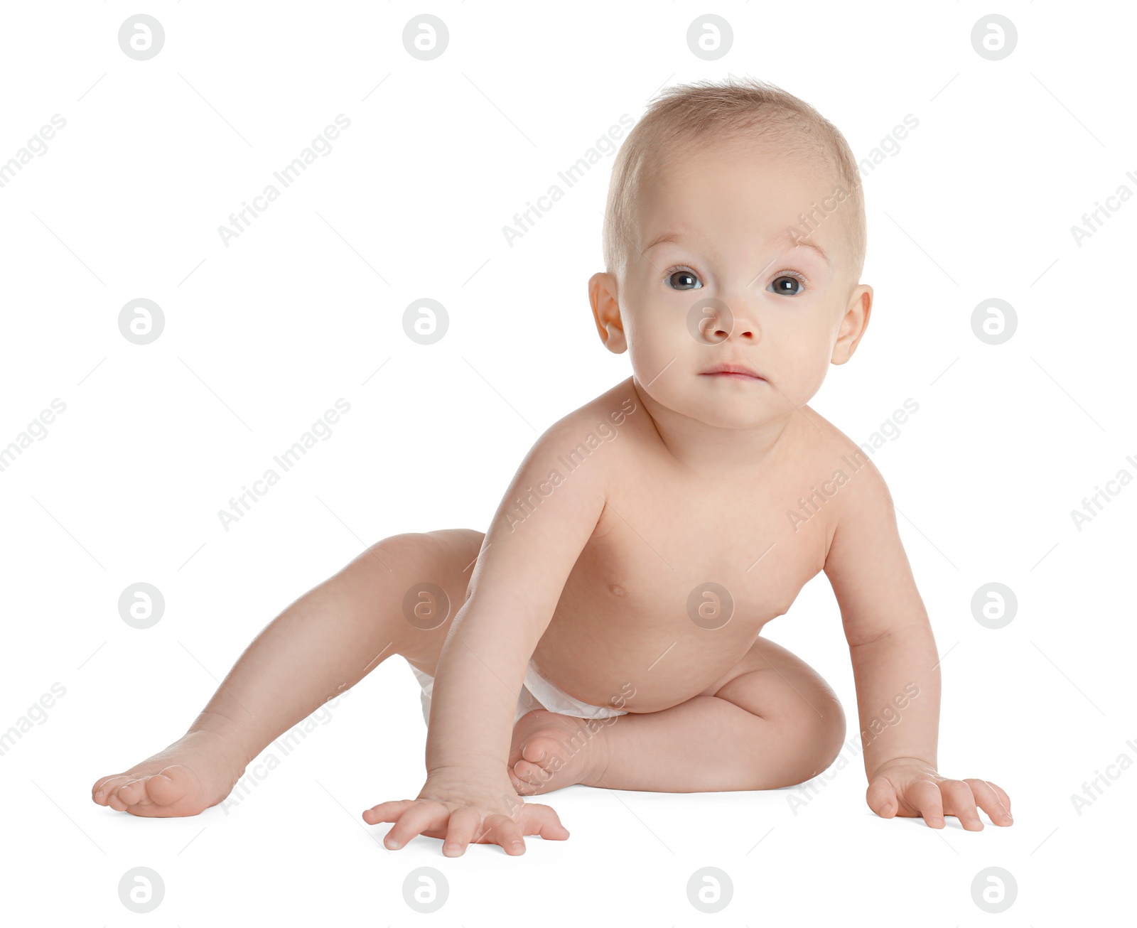 Photo of Cute healthy little baby on white background