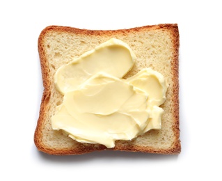 Tasty toast with butter isolated on white, top view