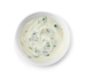 Photo of Bowl with sour cream and herbs on white background, top view