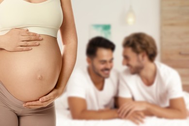 Image of Surrogacy concept. Young pregnant woman and blurred view of happy gay couple indoors