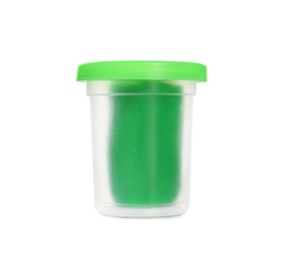 Photo of Plastic container of green play dough isolated on white