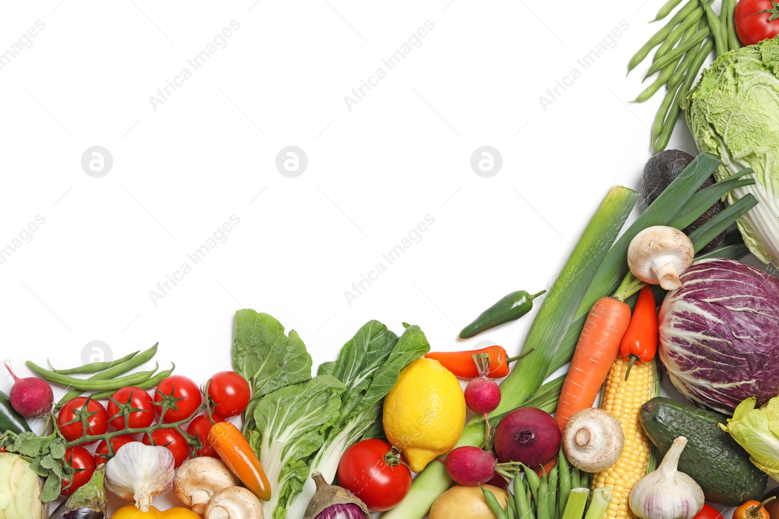 Photo of Many different fresh vegetables on white background, top view