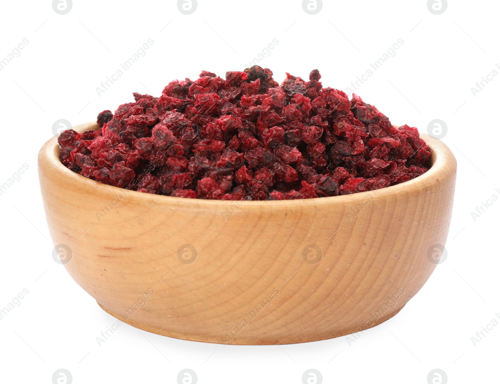 Photo of Dried red currants in wooden bowl isolated on white