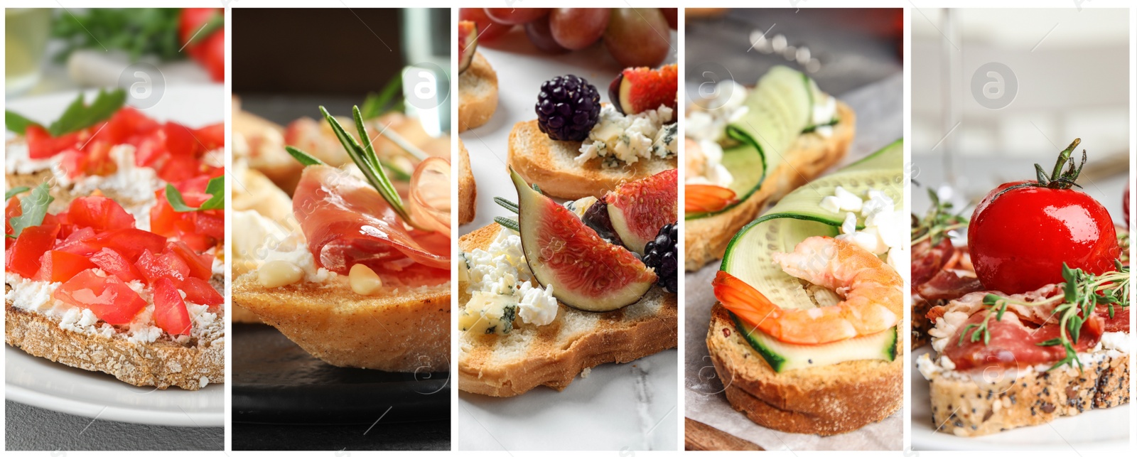 Image of Collage of different tasty bruschettas. Banner design 