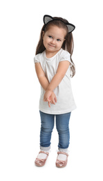 Photo of Full length portrait of cute little girl on white background