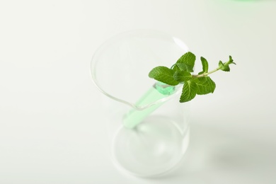 Photo of Test tube with liquid and mint in beaker on white background. Chemistry concept