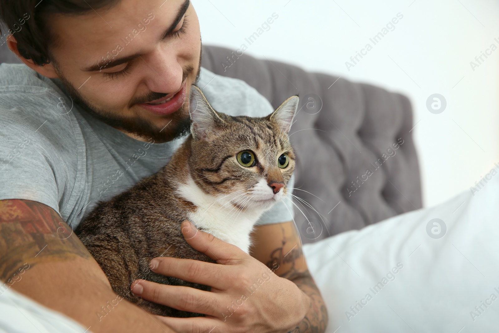 Photo of Happy man with cat on bed at home. Friendly pet
