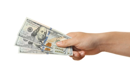 Man with American money on white background, closeup