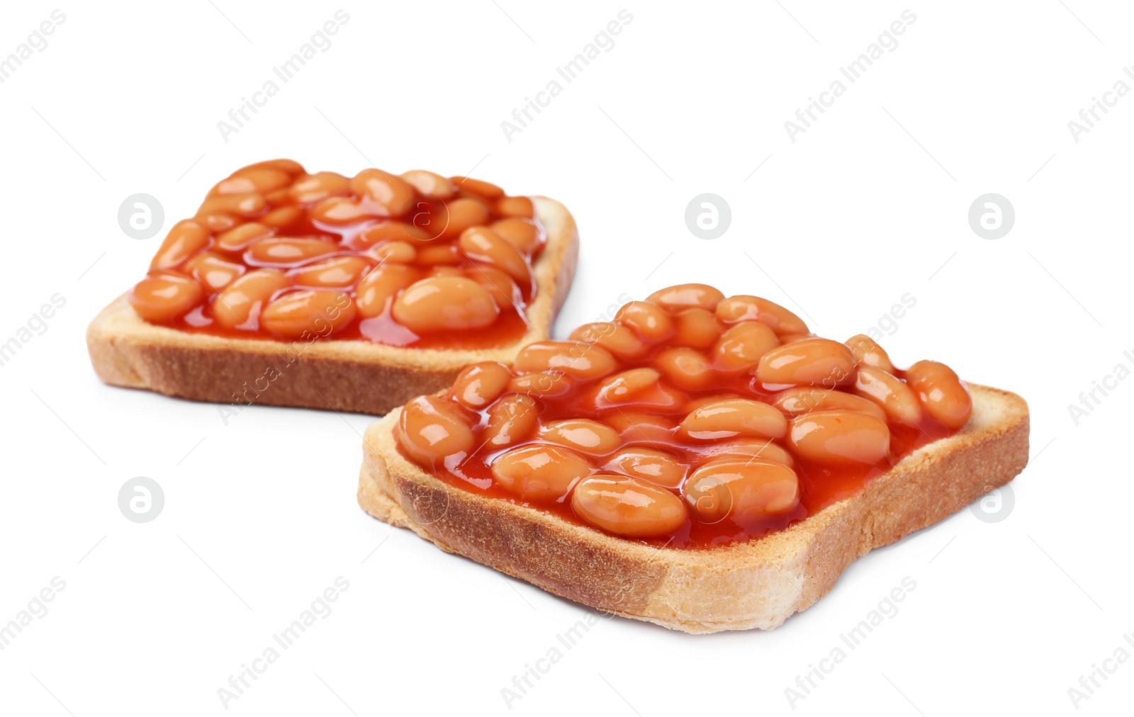 Photo of Delicious bread slices with baked beans on white background