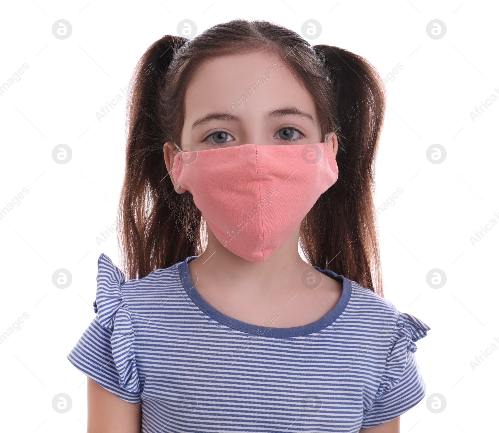 Photo of Girl wearing protective mask on white background. Child's safety from virus