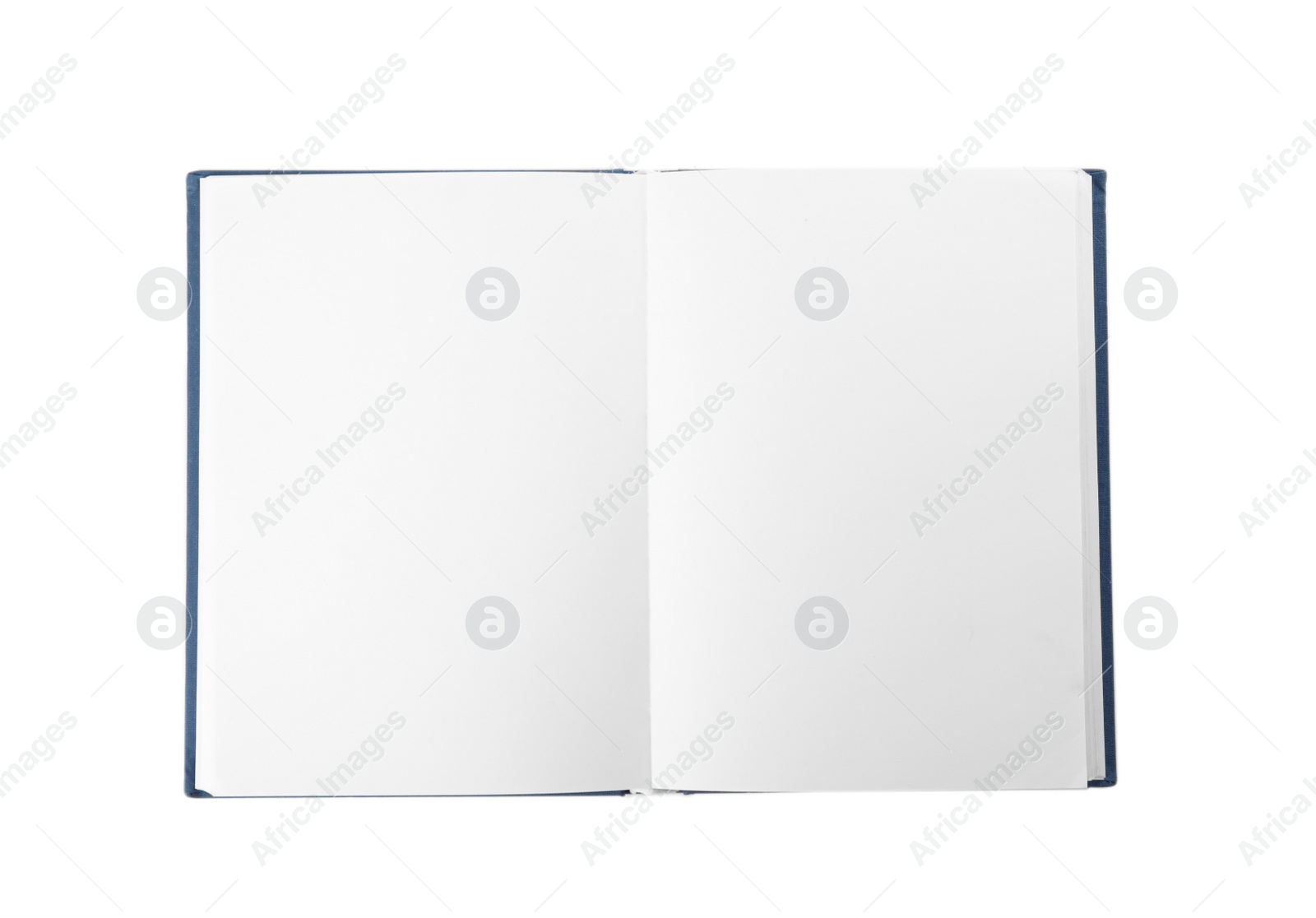 Photo of Open hardcover book with blank pages on white background, top view