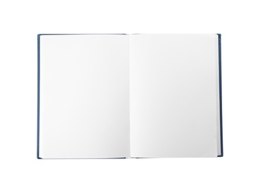 Open hardcover book with blank pages on white background, top view